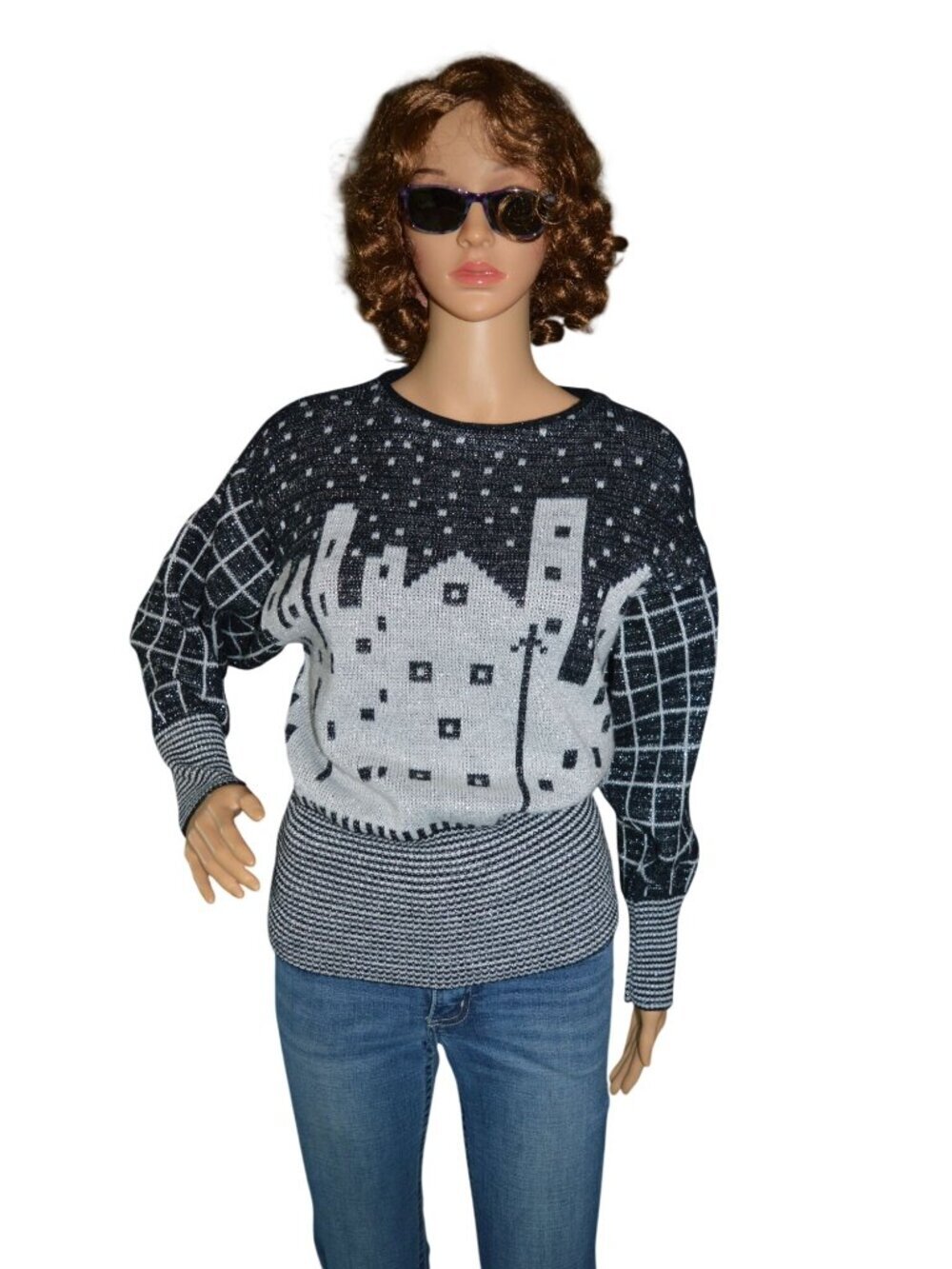 Vintage 80s Garland USA Black Gray Metallic Skyline Grid Sweater Women's Size S